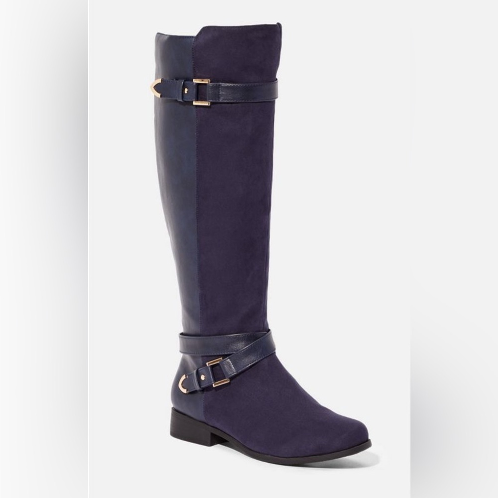 JustFab Hollie Navy Blue Knee-High Flat Boots Faux Suede Gold Buckle Women’s - Picture 4 of 10
